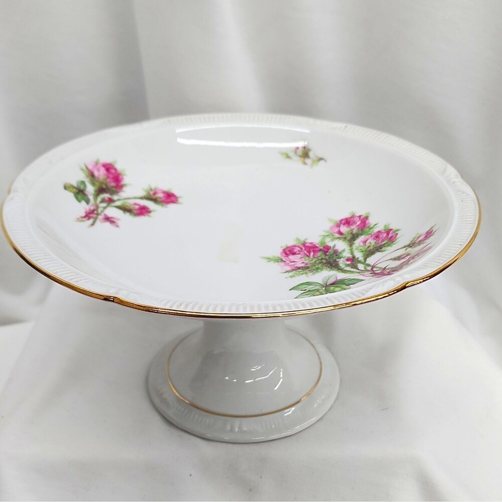 Vintage Zeh Scherzer Bavaria Germany Porcelain Floral Cake Stand Gold Trim 9in